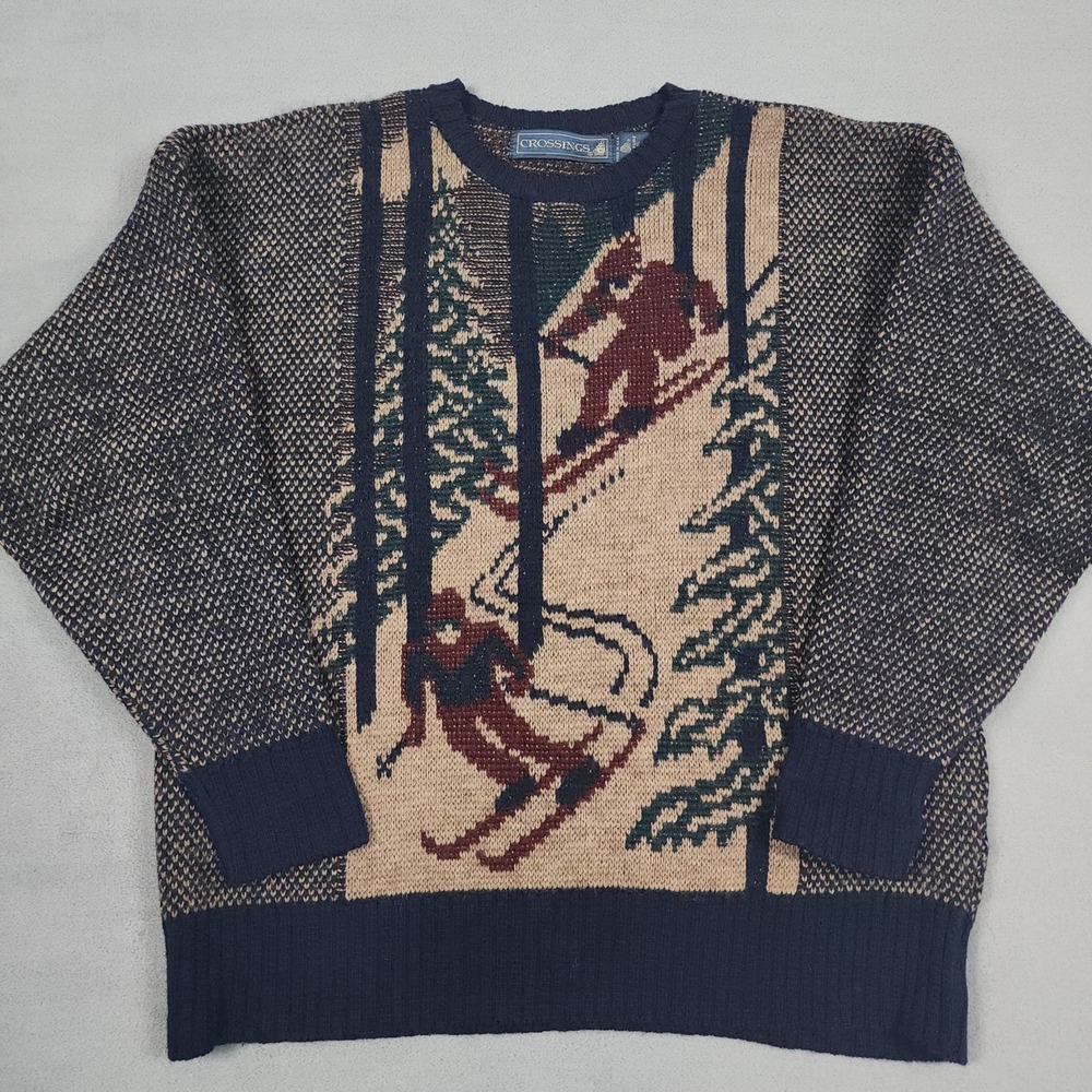 Vintage Crossings Sweater Men's L Blue Ski Wool Blend Crewneck Made in USA